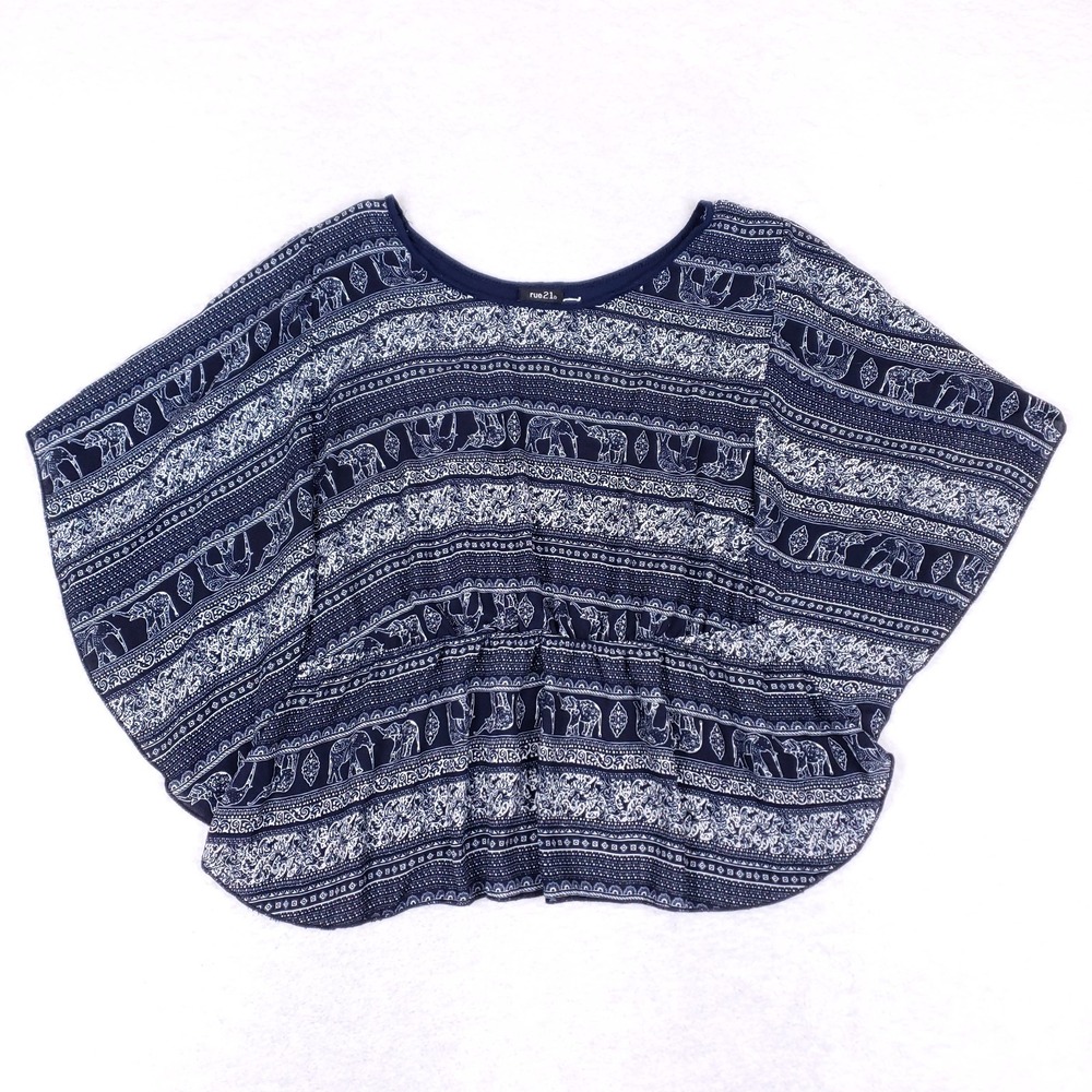 Rue21 Elephant Print Batwing Boho‎ Festival Top XL Navy Blue Flowy Blouse